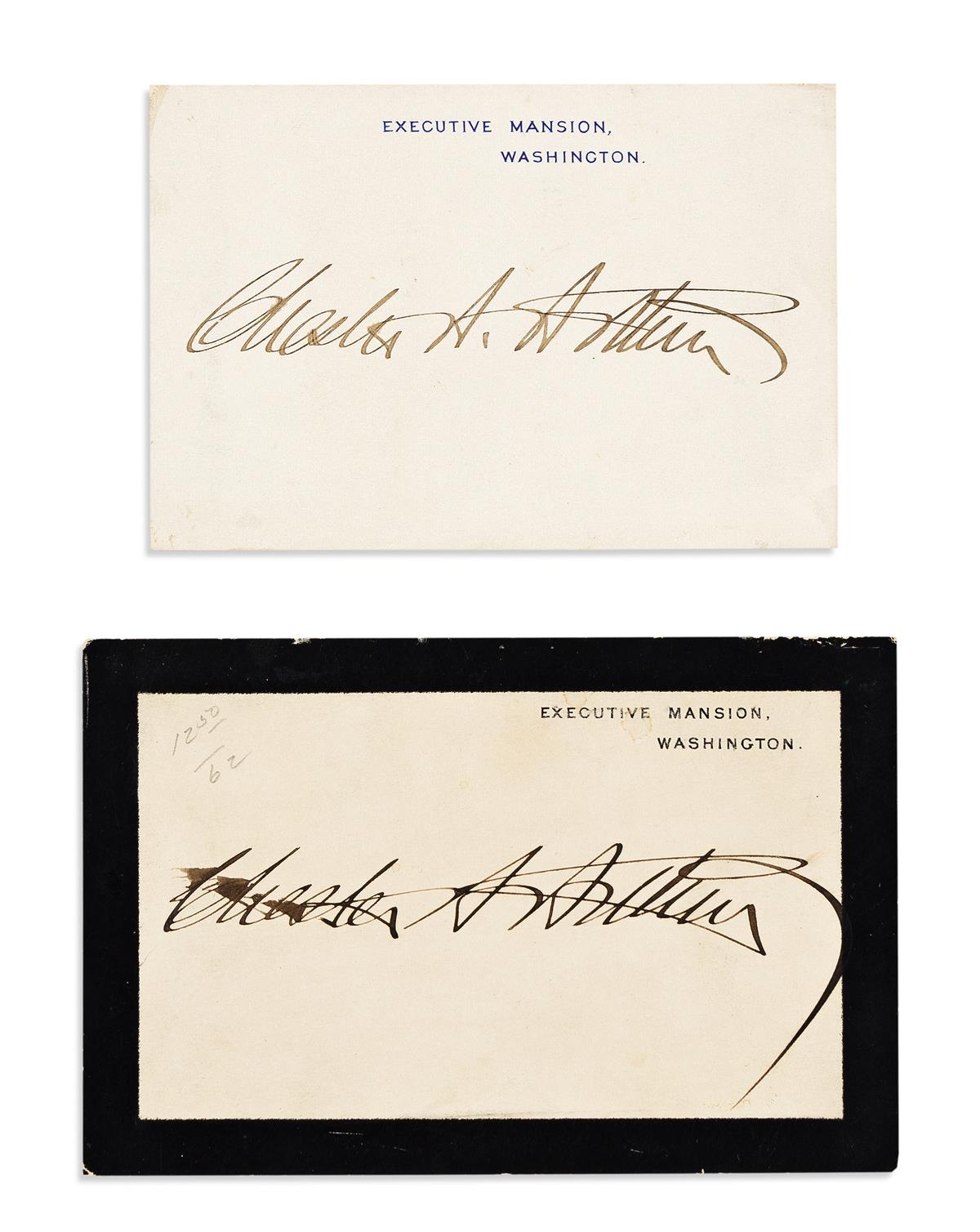 ARTHUR, CHESTER A. Two Signatures, as President, each on an Executive Mansion card.